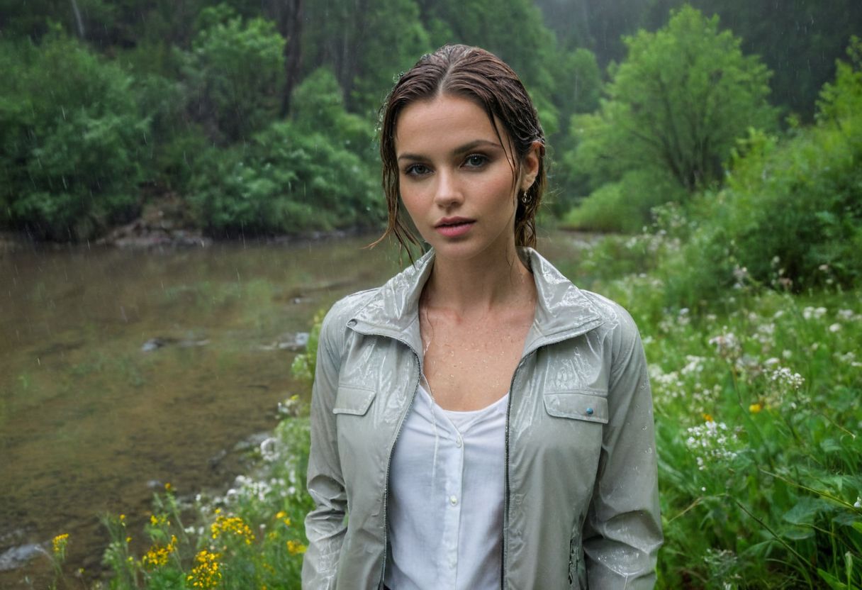 score_9, score_8_up, score_7_up, 
photo of a stunning babe standing in the rain, creek and wildflowers in the background, she is wet, wearing a light jacket and tasteful jewelry, light makeup, stunning, alluring, ultimate detail, perfect focus, wide view, perfect background, mysterious misty and lush edge of forest in background, epic, provocative, grey sky, 
highest quality