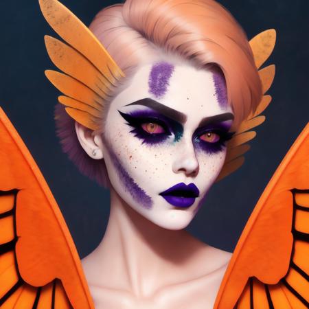 1girl, solo, wings, looking at viewer, freckles, short hair, makeup, purple lips, yellow eyes, lipstick, portrait, lips, eyelashes, face, realistic, orange wings, yellow wings, eyeshadow, spread wings, upper body, facial mark,  
masterpiece, award winning, trending on galaxyart,  darkangelic  <lora:RFKTR's darkangelic v2:1>