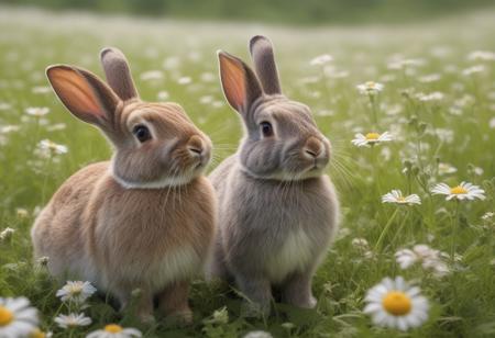 Lovely bunnies in flower meadow in the summer, highly-detailed, dreamy