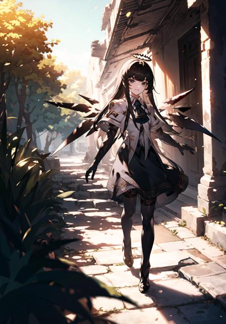 1girl, solo, Arturia,
BREAK long_hair,  bangs, skirt, medium_breasts, black_hair, very_long_hair, light_smile, closed_mouth,
BREAK black_footwear, high_heels, ascot, capelet, halo, white_capelet,  very long hair, (black wings:1.3), ((detached wings)), black eyes, wings, black_gloves, (elbow_gloves), black_thighhighs, blunt_bangs, black_skirt, lace-trimmed legwear,
BREAK walking, looking_away,
BREAK outdoors, (ruins), foreground_bushes, trees, bushes, stone_floor, sunshine, (tyndall_effect),
((masterpiece)), (highres), (best_quality), (highly_detailed),  (original),(Delicate background),(extremely detailed 8K wallpaper),cinematic lighting, volume lighting, light particles, shaded_face, beautiful_detailed_eyes, depth_of_field, perspective,<lora:Arturia:0.8:lbw=char>,<lora:æ²¡äººé®æç¨çæ¯ä»ä¹æ¨¡æå°±ä¸æ¹å:1>