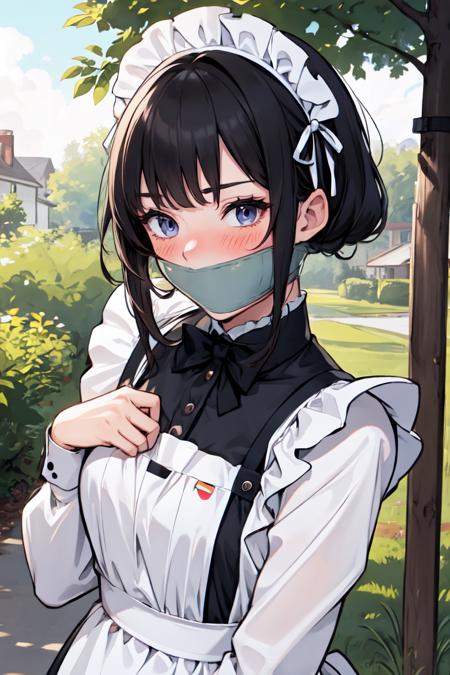 1girl, solo, wrapgag, tape gag, gagged, light blush, maid, maid headdress, maid apron, long sleeves, 
outdoors, upper body,