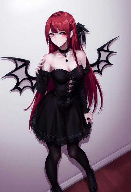 1girl, adult, pale skin, red hair, long hair, (straight hair), bare shoulders, choker, red eyes, half closed eyes, sharp facial features, black makeup, full body, gothic outfit, black stockings, heels, wall background, pale colors, looking at viewer, looking up