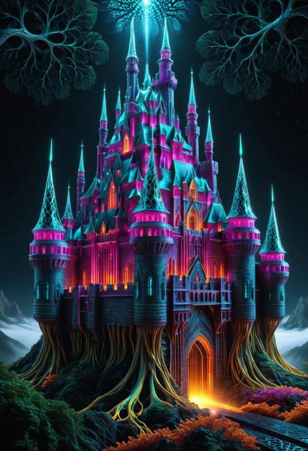 surreal castle, old castle, crazyily big castle, massive fortress, surreal castle, massive walls, medieval castle, transformed by glowing fractal roots, geometric vines wrapping around its structure, futuristic crystal patterns integrated into the metal, bioluminescent details, mystical atmosphere, cinematic lighting, foggy cityscape in the background, ultra-detailed architecture, dreamlike sci-fi fantasy fusion, sharp focus, 8k, fractal-inspired redesign, concept art style, fractangles, made out of fractangles, high quality,