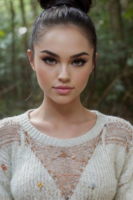portrait of S688_MaggieLindemann,a gorgeous woman,in a (forest),wearing a (knitted sweater),(hair bun),(smiling),(RAW photo, best quality, 50mm, depth of field, ultra high res, intricate, photorealistic, cinematic-shot, masterpiece, ultra-detailed),