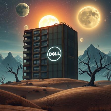 digital artwork featuring a futuristic landscape with a gigantic rusted steel apartment block, resembling a computer server in the foreground. The building, marked with a Dell logo in white, stands on a hill in a barren, undulating terrain. Old windows and balconies are visible on the building. The sky is filled with celestial bodies, orbiting around a bright, glowing sun that casts an ethereal light across the scene. The background showcases jagged, rocky mountains and twisted, leafless trees, adding to the otherworldly atmosphere. .
