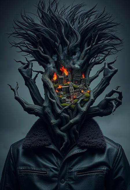 Subject: Tree entwined by multiple human-like arms
Arms: Wild, windswept black hair with exaggerated spikes, adding dynamic energy
Tree: Dark, moss-covered bark, central focus of the image
Environment: Miniature burning city integrated into his head, with flames, smoke, and crumbling buildings
Lighting: Soft and diffused, minimal highlights, emphasizing eerie shadows
Heavy leather jacket with fur-lined collar, detailed texture, dark tones
Mood: Creepy, mysterious, and otherworldly
Hyper-realistic surrealism with intricate details and dramatic contrasts