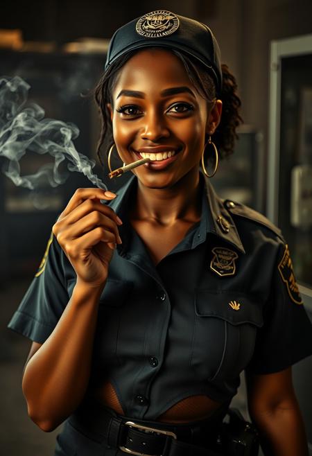 Highest quality, (cinematic lighting:1.1), action movie film still, (a happy black rookie woman police officer with a joint hanging from her lips), perfect face, detailed facial features, alluring eyes, (wearing naughty police uniform with short skirt and harness), taking a puff of marijuana. Smoking in the evidence room inside a police department, skinny body, silly grin with teeth, small breasts, small ass, [slender hips], (highly detailed skin), smoke filled room, ambient light, photographed on a Nikon Z9, RF 35mm lens, F2.8, HDR, 8k, highly detailed, Cinestill 800T, dynamic angle, (full body:0.9)