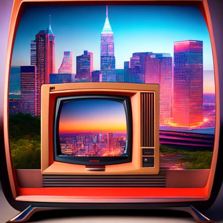 (tvcity:1) an old television set with a city skyline in the background <lora:djzTVcityV21_LoraBooth:1>