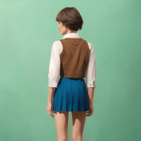 <lora:dopingpong:1>, dopingpong, painting_\(medium\),
1girl, bangs, bent over, black footwear, blue skirt, blue socks, blush, breasts, brown hair, brown vest, collared shirt, green eyes, grey background, looking at viewer, looking back, looking through legs, medium breasts, open mouth, pleated skirt, shirt, shoes, short hair, simple background, skirt, sleeves rolled up, socks, solo, standing, upside-down, vest, white shirt