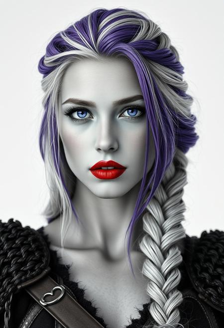 Different mimics and womanfaces, black and white portrait of a Viking warrior woman with braided purple and white  hair, wearing red lipstick, Purple eyes. long blonde braid, looking forward, white background, high contrast, low color palette, fantasy style, detailed --chaos 55 --ar 1:2 --personalize yruxpc2 --stylize 750 --v 6.1