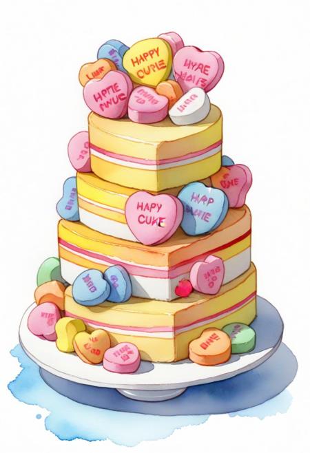 masterpiece, high quality, a cake made from candyhearts, Bauhaus style, water colored sketch, T-shirt, candy,