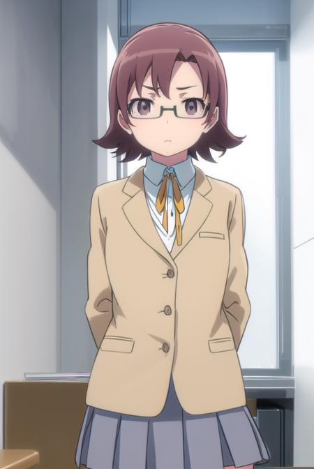 senaakagi, <lora:sena akagi s2-lora-nochekaiser:1>,
sena akagi, short hair, brown hair, glasses, (brown eyes:1.5),
BREAK skirt, ribbon, school uniform, blazer, grey skirt, shirt, white shirt, collared shirt,
BREAK indoors, classroom,
BREAK looking at viewer, (cowboy shot:1.5),
BREAK <lyco:GoodHands-beta2:1>, (masterpiece:1.2), best quality, high resolution, unity 8k wallpaper, (illustration:0.8), (beautiful detailed eyes:1.6), extremely detailed face, perfect lighting, extremely detailed CG, (perfect hands, perfect anatomy),