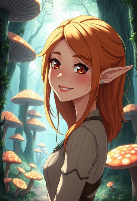 Prompt that will catch Faeia's attention.
detailed anime shading, elegant adult elf woman with and orange hair, detailed eyes, kawaii face, view from front, round face, perfect cute face, facing viewer, head tilted to the side, smile, upper body,  closeup of face, standing, standing in magical forest of giant mushrooms,