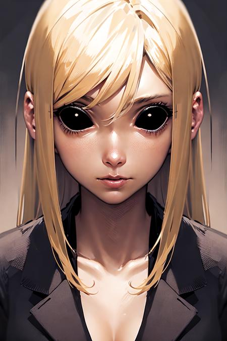 portrait, blonde  woman in suit, looking at the camera, realistic,
 <lora:blackeyes-v1:1>