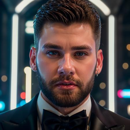 face portrait of lincolnbriniak person using a tuxedo, in blade runner, professional photography, high resolution, 4k, detailed photo,  <lora:lincolnbriniak_56700:1>