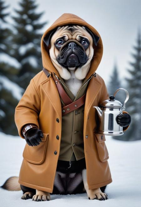 8k, score_9, score_8_up, score_7_up,shnywrld,
masterpiece,realistic,ultra detailed, vibrant colors,photo-realistic,
Pug dog (ethnicity:1.0), wearing a  khaki-colored, vintage-style,  heavy coat (detailed clothing:1.2) with a hood (accessories:1.1), and  a brown leather  sash around its waist, holding various small equipment (accessories:1.1), including a small camera and bottles, centered in the image, standing upright, facing viewer, (pose:1.2),  with a  small silver tea kettle, (accessories:1.1)  beside it on snow (environment:1.2), (detailed snow:1.1), (detailed fur:1.2), (facial features:1.3), (expression:1.1),  subtle lighting,  with a slightly desaturated color palette, sepia-like tones,  (lighting:1.2), photorealistic style, detailed, (detailed skin texture:1.2) ,  high-detail digital art, detailed background, atmospheric, vintage adventure style, warm colors, (body type:1.1),  composition is centered, shot from slightly above, (camera angle:1.1) ,  small elements of equipment in pockets,  (accessories:1.1).