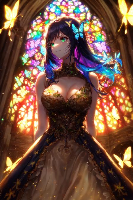 1girl, masterpiece, extremly detailed, ((Cinematic lighting)), (glowing), ((dramatic lighting)), ((beautiful detailed glow)), intricate detail, lens flare, multicolored hair, rainbow hair, long hair, colorful dress, butterfly hair ornament, butterflies, light particles, Arms behind back, large breasts, [curvy], cowboy shot, light smile, green eyes, church, stained glass, spotlight, dark background, floating hair, floating hair