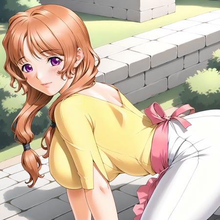 MomokoHanamaru,1girl,mature female,orange hair,low-tied twintails,purple eyes, large breasts, yellow shirt,shoulder cutout, waist apron,pink apron, white pants,