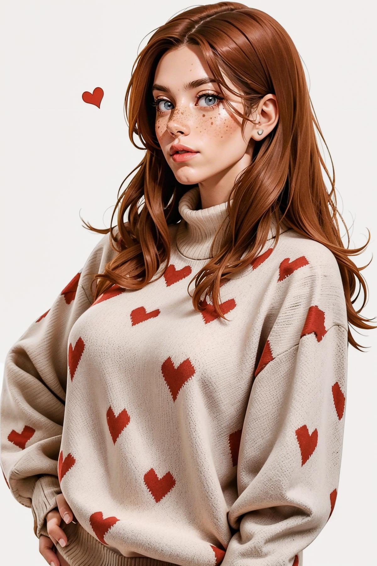 A woman wearing a sweater with hearts on it posing for a picture.