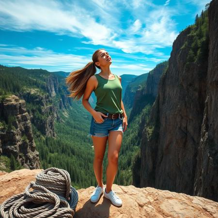 Dramatic action photograph of a woman, with fair skin and long, flowing brown hair tied back in a ponytail. stood at the bottom of a vertical cliff, she is wearing a green sleeveless t-shirt and blue cut off denim shorts and white sneakers, she is looking up with an excited expression on her face. several coils of rope sit on the ground next to her, set in a dramatic landscape of steep cliffs and a dense forests. The background includes a bright blue sky with cirrus clouds. Nikon D6 500mm f/2.8 lens ISO 1600 1/1000 shutter speed