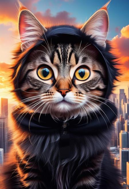 A captivating illustration masterpiece of a very funny ((cute cat)) with ( (((huge))) ((oversized)) ((manga-style eyes)):1.2), feline is gazing very longingly into the camera lens. The cat's fluffy fur contrasts with its sleek black attire, and it sits on a transparent cloud, as if levitating above the ground. The background showcases a vibrant cityscape with towering skyscrapers and a dramatic sunset, creating a delightful mix of urban and whimsical elements, from above