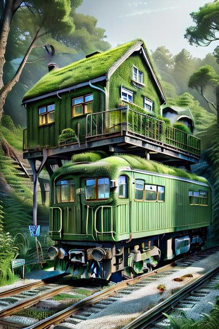 photorealistic image,  masterpiece, Photograph of realistic, an old railway car used as an apartment in the forest.grassify morph,  highly detailed, cinematic,   sunshine. 8k artistic photography, photorealistic concept art, soft natural volumetric cinematic perfect light