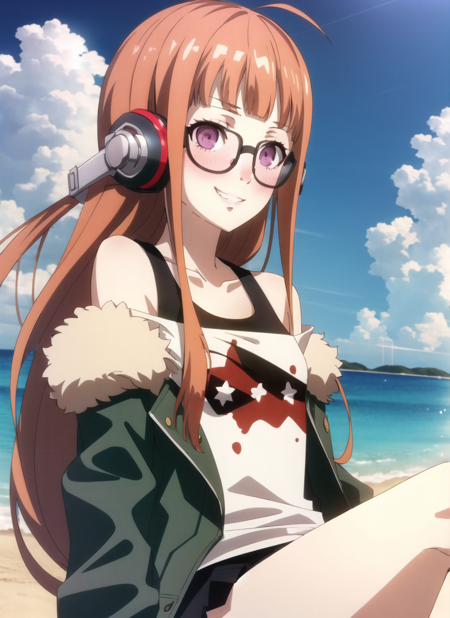 persona5 anime style, sakura futaba, 1girl, ahoge, beach, black-framed eyewear, black jacket, blue sky, blush, closed eyes, cloud, day, floating hair, glasses, grin, headphones, headphones around neck, jacket, long hair, orange hair, sand, school uniform, shirt, shuujin academy school uniform, sky, smile, solo, teeth, turtleneck, uniform, very long hair, water, white shirt, ((masterpiece))  <lora:persona5_anime_style_offset:1>