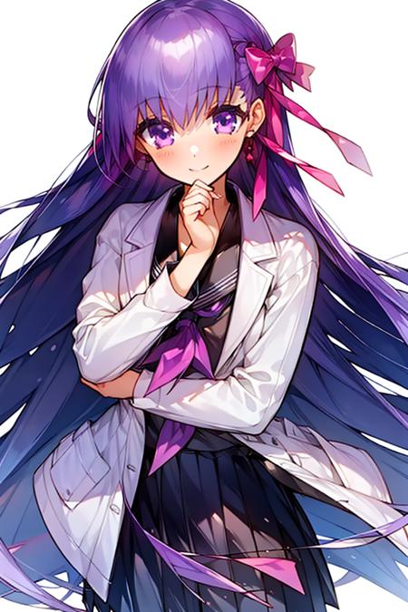 Sakura Sakura, 1girl, solo, purple hair, long hair, purple eyes, matou sakura, ribbon, hair ribbon, looking at viewer, school uniform, bow,