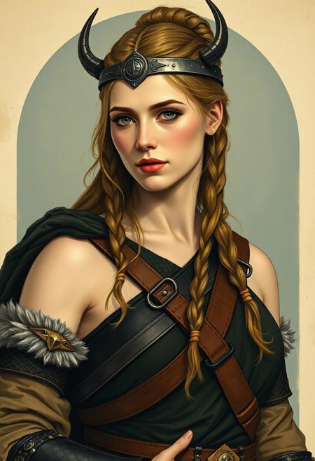 Portrait of a brave female Viking warrior, shoulders open, armed, Art Nouveau, Neo-Impressionism