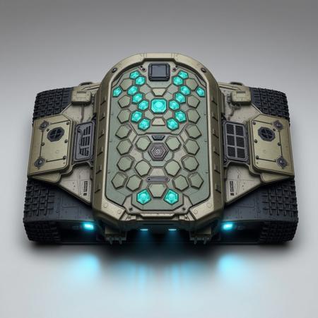 ((top view)), (tank),
Wide and flat tank with an arched dorsal spine and side-mounted armor slabs.
Chassis: Regenerative plating arranged in layered hex cells. Vines of nano-cabling crisscross beneath the surface.
Tracks: Wide dual treads with spore-filter grills covering each tread module.
Details: Bio-gel sacs protrude along side armor; side compartments vent steam during overclocked regen.
Lights: Blue-green capillaries shimmer under armor. Thin halos radiate from under tread housings.