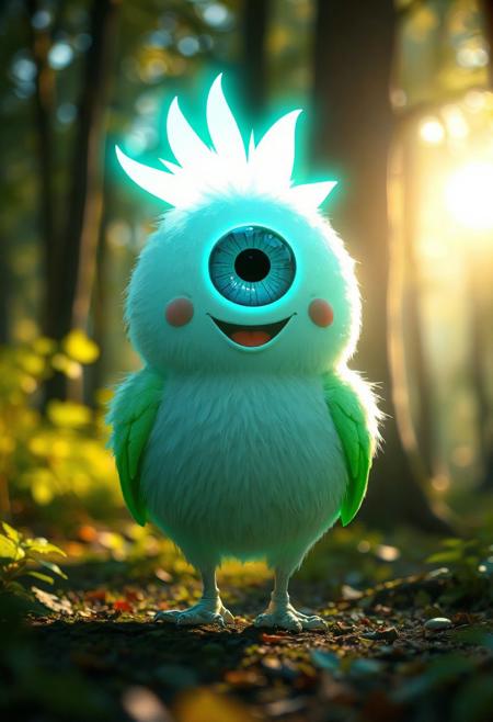 JNANX,luminous white silhouette,cyan glow,emerald highlights,flickering outline,dreamlike movement,
A Banksy-style. a cute adorable anthropomorphic eyeball monster dress like a parrot, round body, plump kiwi shape, fluffy fur, forest, sunlight, soft natural light. 
cute, big-eye, adorable, brightly colored, cheerful, anime influence, naughty face, laughing, happy, playful, cheerful, bright, vibrant, light-hearted,  
characters, digital, fantasy, illustration, manga-anime, portraits, whimsy, 
3d-rendering, concept-art, digital, dreaminess, 
eeriness, photorealism, other-worldliness, realism, science-fiction, surreal, colorful, 
aidmafluxpro1.1