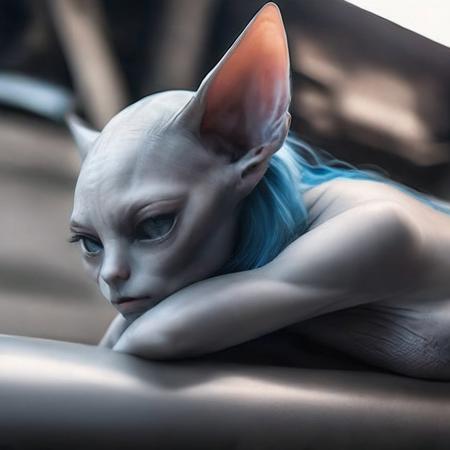 (sphynxcatgirl:1.3) with long blue hair , (art by giger:1.4),  (alien:1.5),  no human ears, masterpiece,best quality, ultra realistic,32k,RAW photo,detail skin, 8k uhd, dslr,high quality, film grain  <lora:sphynxcatgirl_SDXL:0.7>