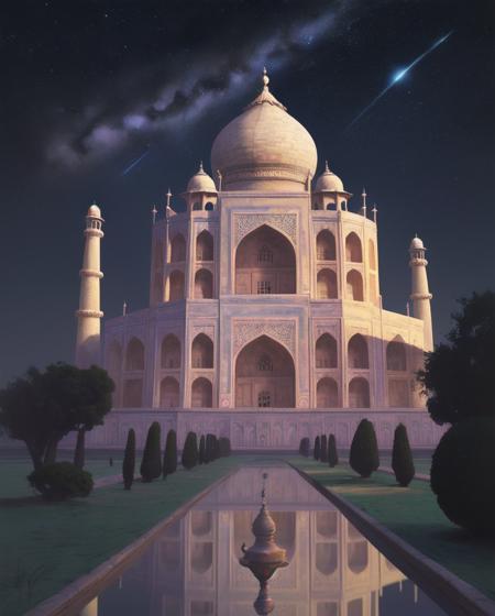 art by Tom Hammick, illustration of a Twisted Dazzling Taj Mahal, detailed with Stars patterns, smooth, deep focus, Anime screencap, Peaceful, Starlight, Depth of field 270mm