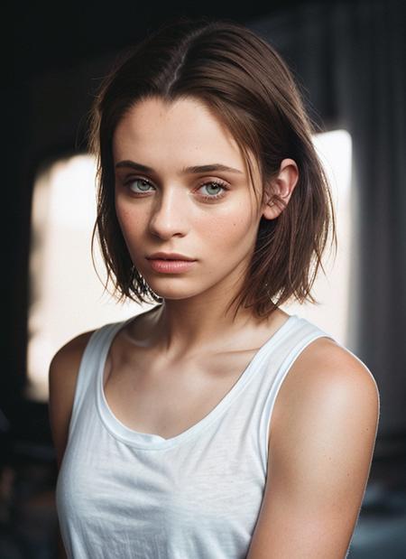 portrait of skswoman, frightened , wearing t-shirt , with French bob , background simple epic (photo, studio lighting, hard light, sony a7, 50 mm, matte skin, pores, colors, hyperdetailed, hyperrealistic), <lyco:Daniel MelchiorV2:1.0>