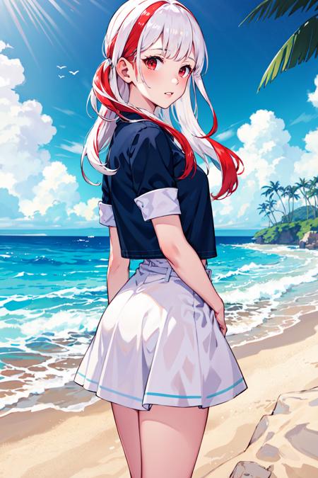 <lora:ironcatlora3Anime_v10:1>  (masterpiece:1.2), (best quality:1.2), 1girl, medium breasts, sundress, denim jacket, white hair, red eyes, long hair, multicolored hair, beach, ocean, palm tree, arms behind back,