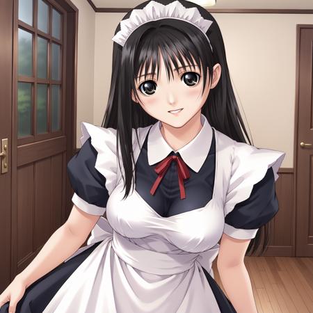 NozomiWatase,1girl,black hair,long hair,black eyes, maid headband,housemaid,apron, long_skirt, white_pantyhose, garter belt,white_thighhighs, lace up boots,black boots,