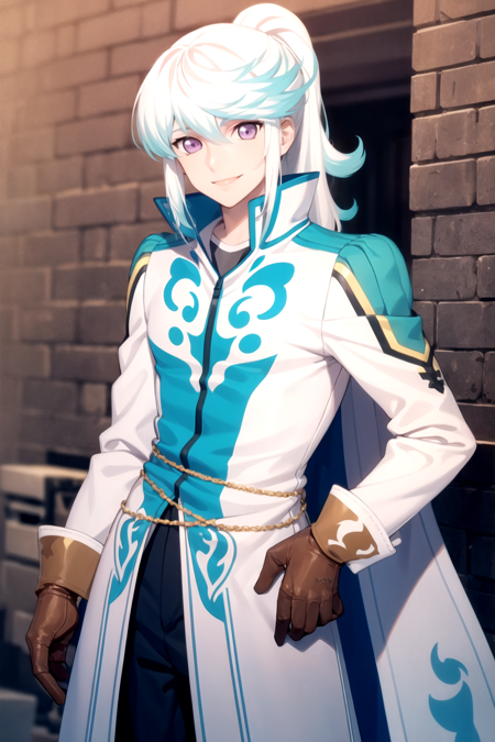 masterpiece, best quality, 1boy, mikleoold, white coat, gloves, long hair, male focus, official alternate costume, ponytail, purple eyes, smile, solo, white hair <lora:Mikleo:1>