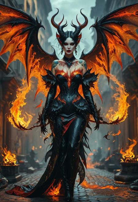A woman with a voluptuous body and large breasts has an enchanting, yet sinister appearance. She embodies the characteristics of a demonic succubus, featuring demonic wings, a body tattoo, and an aura filled with both fire and demonic energy. Her style is distinctly demonic, and she carries herself with the grace and allure of a succubus. Her makeup and tattoos further emphasize her otherworldly persona.