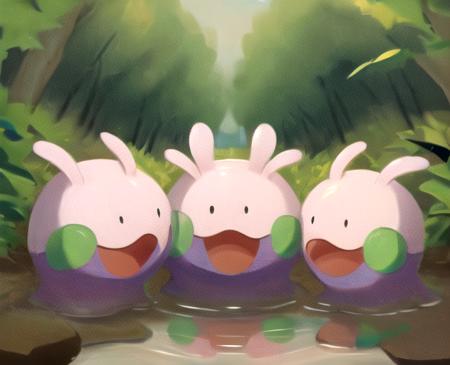 goomy, 5others, smile, tongue, open mouth, looking at viewer, standing, white border, forest, outdoors, water, puddle