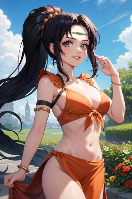 layleafe, midriff, ponytail, circlet, sarong, jewelry, cleavage dancer