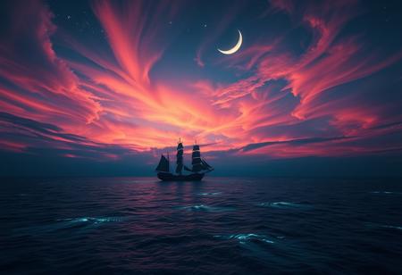 A breathtaking cinematic shot of a celestial seascape, where a lone ship glides across the deep blue ocean. The ancient vessel stands out against the backdrop of a mesmerizing sky, painted with vibrant hues of fiery orange and pink that seamlessly blend with the inky blackness of night. A crescent moon casts a soft glow, illuminating the bioluminescent shimmer of the water. The vast ocean and celestial sky evoke a sense of tranquility, wonder, and awe. The solitary ship adds an air of mystery and adventure, inviting the viewer to embark on a fantastical journey. This conceptual art piece masterfully blends natural beauty with artistic imagination, capturing the magic of the night sky and the allure of the open sea.