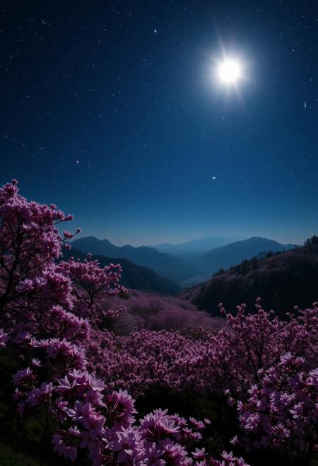 An incredibly beautiful garden of blooming sakura on the mountain slopes, illuminated by a bright moon, a dark night, a very starry sky, many bright stars in the sky.