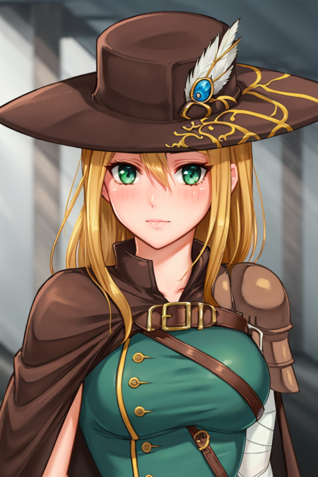 (highly detailed:1.3), 
warriorlady, blush, hair between eyes, closed mouth, upper body, armor, looking to the side, looking away, bandaged arm, hat feather, 
Ultra-detail,(highres:1.1),best quality,(masterpiece:1.3),specular lighting,
(highly detailed face and eyes:0.6), <lora:warriorlady-12:0.9>