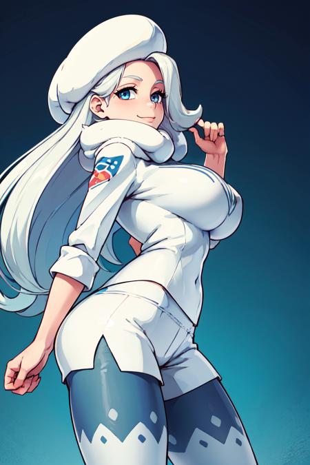 melony (pokemon), blue eyes, white hair, long hair, huge breasts, melony (pokemon), blue eyes, white hair, long hair, huge breasts,  fur hat, white scarf, white sweater, white shorts, leggings, white boots, 