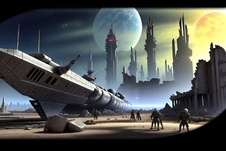 a space pirate battleship among the ruins of an advanced, futuristic city