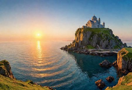 stairs to a small floating island on top of which can be seen a very bright sea with a very bright sunrise, by john singer sargent and jan van eyck, trending on artstation, 8 k, wallpaper