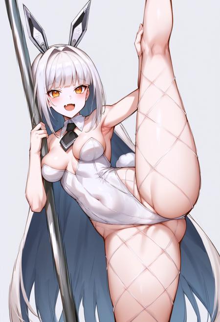 blanc, very long hair, medium breasts, white hair, pale skin, skin fang, open mouth, rabbit ears, rabbit tail, white leotard, detached collar, short necktie, black necktie, fishnets, white pantyhose, 