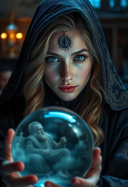 UHD 32k epic fantasy movie still, photograph, half-body portrait of a 30 year old beautiful female wizard looking into a crystal ball with a third eye on her forhead wearing ornate wizard's robes, the crystal ball has a cloudy murky view of king sitting on a thrown inside, Wizard's laboratory background, photographed with a wide-angle lens, perfect facial features, perfect pupils, ornate, masterpiece, an extremely extremely detailed, 2k wallpaper, Amazing, finely detail, soft lighting, blue color palette, captured scene in a dramatic and cinematic style, focus on face