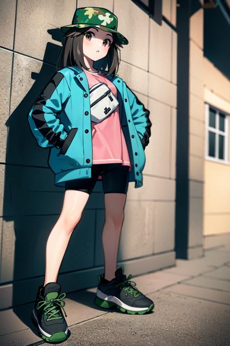 solo,  lf,  bike shorts,  pink shirt,  green jacket,  camouflage headwear,  standing,  town,  hands on hips,  looking at viewer,  sitting,  sneakers,<lora:EMS-252979-EMS:0.700000>