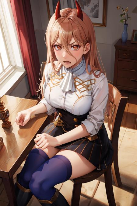 masterpiece, best quality,  <lora:gmuniform2-nvwls-v1-000009:1> gmuniform, blue thighhighs  <lora:csm_power-13:0.8> power \(csm\), sharp teeth, symbol-shaped pupils, cross-shaped pupils, looking at viewer, sitting, table, chair, indoors, from above, furrowed brow, annoyed